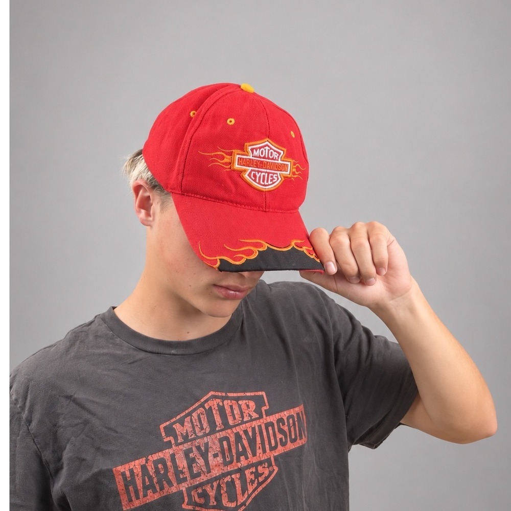 Vintage Harley Davidson Red Flame Embroidered Strapback Hat Mens